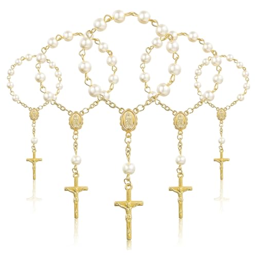 Kahzor 5 Piezas Rosarios De Bautismo, Mini Religiosos De Dedo Con Cuentas De Perlas De Imitación, Recuerdos Y Recordatorio, Con Cruces Para Pulseras, Para Bautizo, Comunión, Boda, Fiesta Oro