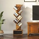 Rolanstar 7 Tier Bookshelf with Drawer, Tree Bookshelf, Small Bookshelves with Storage Rack for CDs/Movies/Books, Standing Book Shelf, Tall Narrow Bookcase for Living Room, Bedroom, Rustic Brown - Image 5
