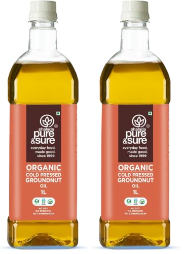 Image of Pure & Sure Organic Cold Pressed Groundnut Oil 1 Ltr | Peanut Oil /Sing Tel Edible for Cooking | Extracted on Wooden Churner | Nutrient Rich & Chemical Free (Pack of 2)