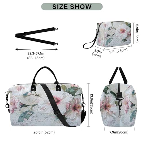 White Flower Vintage Large Travel Duffle Bag Weekender Overnight Bags Gym Yoga Bag for Women Men with Toiletry Bag3