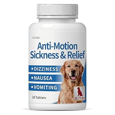Lunza Motion Sickness for Dogs (26-75 lbs), Dog Car Sickness Medicine for Nausea, Vomiting, Drooling, Whining and More, Non-Drowsy, 20 Tablets