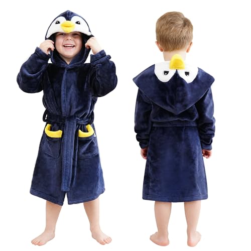 LOLANTA Kids Robe Toddler Boys Girls Hooded Fleece Sleepwear Animal Penguin Bathrobe Fluffy Pajama Christmas Gifts 2-8 Years
