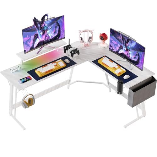 Devoko Mesa de Gaming con LED, Escritorio de Gaming en Forma de L 160×130 cm con Soporte de Monitor, Escritorio de Ordenador para Escritorio y Juego, Escritorio Gamer en Fibra de Carbono Blanco