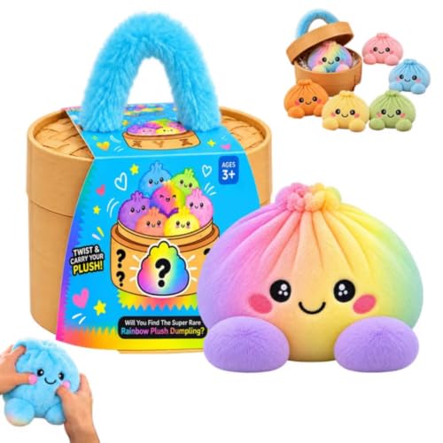 OAZKXCN Mystery Rainbow Plush Dumpling Squishies, Cute Stuffed Dumpling Squishies Plushies, Christmas Collectible Stress Relief Gift with Simulated Steamer & Fuzzy Handle