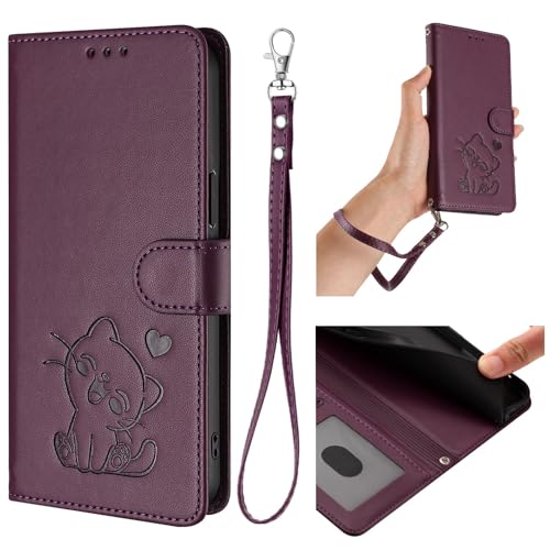 HAOFUGUI Funda Cartera para OPPO A16 / A16S, de Cuero PU con Gato Grabado Carcasa, Tapa con Tarjetero Función Soporte y Correa de Muñeca Desmontable-Violeta