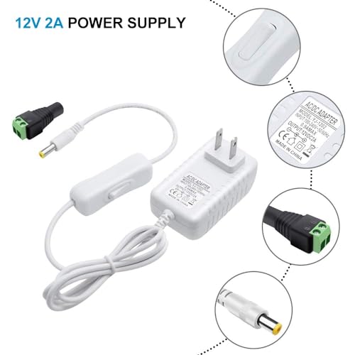 Image of 12V Power Supply, 12 Volt 2A 24W DC Power Supply with On Off Switch, White Switching LED Power Adapter, AC 110V to 12V Transformer Plug for LED Strip Lights with 5.5 /2.1 DC Female Connector, 3 Pack