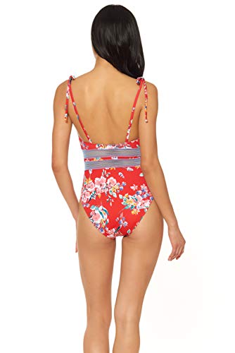 Jessica Simpson Women's Standard Straight Neck One Piece Swimsuit Bathing Suit, Red Floral Spaghetti Strap, M #TOP1