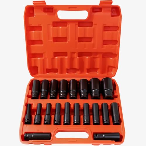 20 PCS 1/2-Inch Drive Deep Impact Socket Set CR-V 6 Point 8mm to 32mm Metric Deep