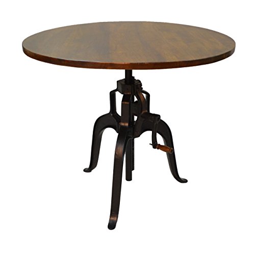 Image of Carolina Chair & Table Advik Adjustable Dining Table - Solid Round Wood Top with Black Cast Iron Handle, Crank Table - Rustic Industrial Style Furniture for Bar, Kitchen, Dining Room (Chestnut/Black)