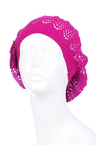 An- Womens Fashion Lightweight Cutout Crochet Knit Beret Beanie Hat W/Flower, Various Patterns (Fuchsia Pink Net) #TOP4