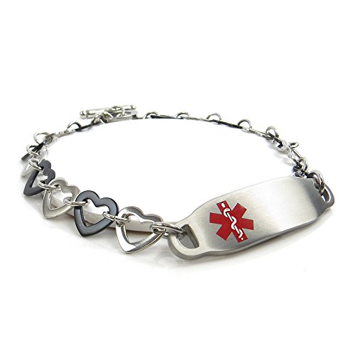My Identity Doctor - Pre-Engraved & Customizable Warfarin Medical Id Bracelet, Steel & Black Hearts, Red #TOP18