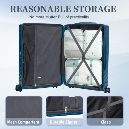 20"/24"/28" 3 pcs set in ABS Spinner Wheel Luggage Carry on Suitcase Matching Color TSA Combination Lock (Navy + ABS)4