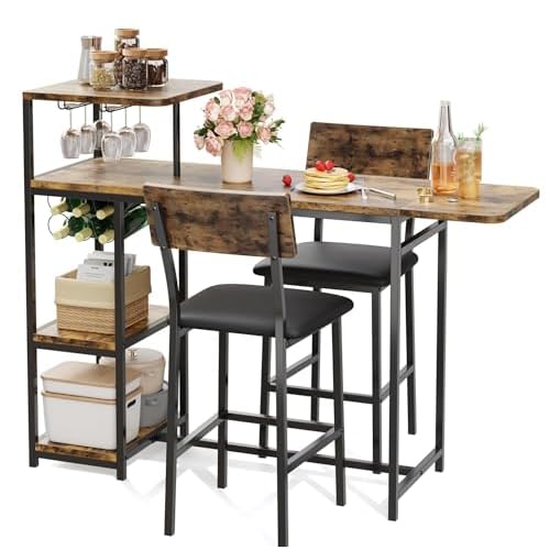 GAOMON 3-Piece Dining Set, Bar Table and Chairs Set for 2, High Top Table and Upholstered Chairs with Storage Shelves, Breakfast Nook, Bar Pub Set for