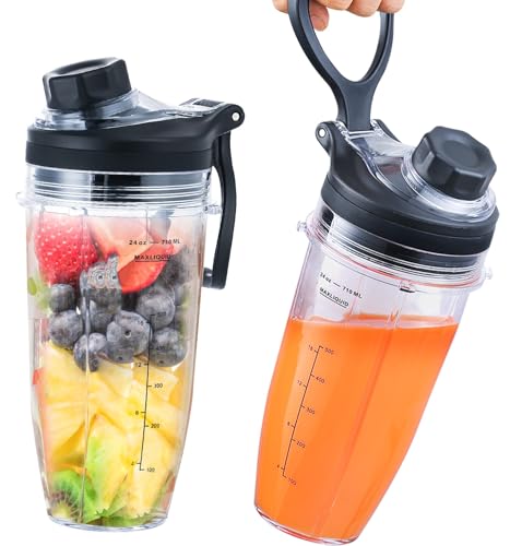Image of Replacement 24oz Blender Cup and New Lid with Handle for Nutri Ninja BN751 BN801 Foodi SS101 SS151 SS351 SS401 BL450 BL456 BL480 BL482 BL640 BL642 BL682 Ninja Blender Auto IQ Blade, 2-Pack