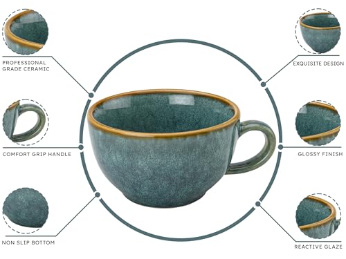 Image of Bodhi House Ceramic Soup and Coffee Wide Large Mug with Handle - Set of 2, 250 Ml Glossy Finish | Microwave Safe | for Maggi, Cappuccino, Latte, Green Tea - Ocean Green