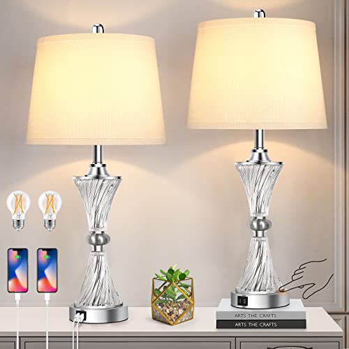Set Of 2 Touch Control Crystal Table Lamps With 2 Usb Charging Ports, 3 Way Dimmable Modern Bedside Nightstand Lamp, Silver Desk Lamp With White Shade For Bedroom Living Room Office, 2 Bulbs Included #TOP30