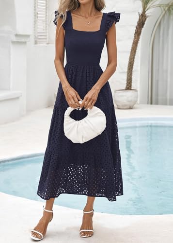 Lazysmile Womens Summer Maxi Dress Square Neck Ruffle Cap Sleeve Hollow Out Eyelet Smocked Tiered A Line Boho Sundress Navy — view 5