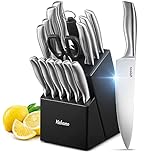 Knife Set, 16 Piece Kitchen Knifes Set with Block Wooden, German High-Carbon Stainless Steel Chef Knife, Steak Knives, Meat Scissors, Knife Sharpener by Yabano
