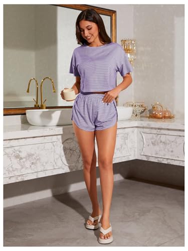 Image of OYOANGLE Womens Pajama Sets 2 Piece Sexy Lounge Sets Summer Cute Pjs Striped Print Tee and Side Split Shorts Set
