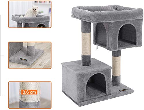 Feandrea Albero per Gatti, 84 cm, Tiragraffi, L, Condominio per Gatti di Grande Taglia fino a 7 kg, Ampio Posatoio, 2 Grotte, Graffiatoio, Grigio Chiaro PCT61W