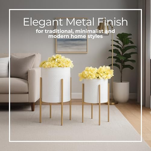 Decorative Flower Pots with Metal Stand for Home Decor - Modern Planters for Hallway, Entryway, and Living Room Decor - Indoor and Outdoor Pots for Plants - Set of 2, 23", 19", White & Gold by Sagebrook Home - Image 5
