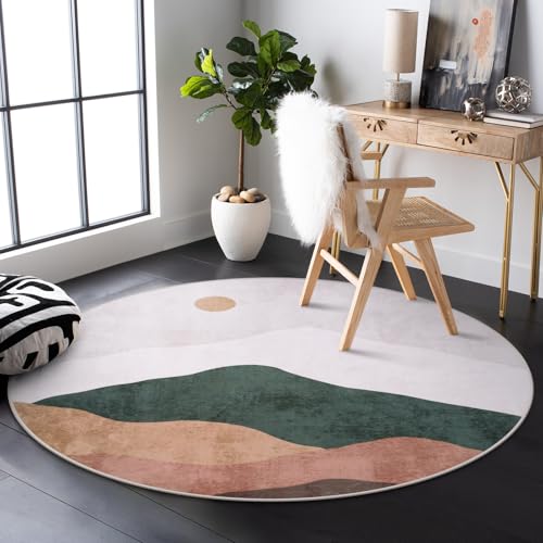 Image of Sungea 4ft Abstract Round Rug,Soft Washable Non-Slip Sun and Mountain Circle Kids Room Rugs,Chic Faux Wool Low-Pile Circular Throw Rugs for Entryway/Bedroom/Nursery/Living Room/Bathroom(Grey)