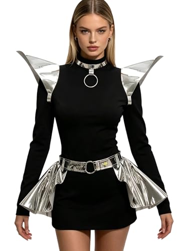 Aislor Gothic Punk Exaggerated Shoulder Armor Shoulder Boleros Exaggerated Flying Vest with Belts Skirt Silver One Size