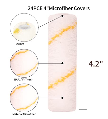 Microfiber Paint Roller Covers 4 Inch，1/3" Nap Mini Roller Covers，Pack Of 24,Roller Covers For Painting，Home Painting Supplies， #TOP1