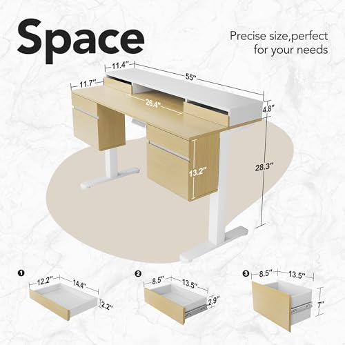 Image of HUANUO Electric Standing Desk with 6 Drawers, 55 Inch Height Adjustable Stand Up Desk with Storage, Computer Workstation Compatible with Monitor Stand for Home Office, Light Walnut