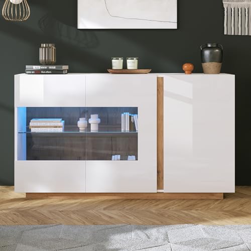 Doyisy Aparador de alto brillo, aglomerado blanco con vidrio, base de madera, cómoda armario de pasillo, 138 x 38 x 90,5 cm