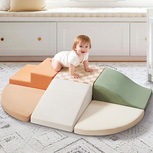 Tiny Land Soft Foam Climbing Blocks for Toddlers, 6-Piece Baby Foam Climbing Blocks, Indoor Playground Climbing Toys, Ideal Gift for Kids Activity Crawling and Sliding Foam Play Set (Vintage)