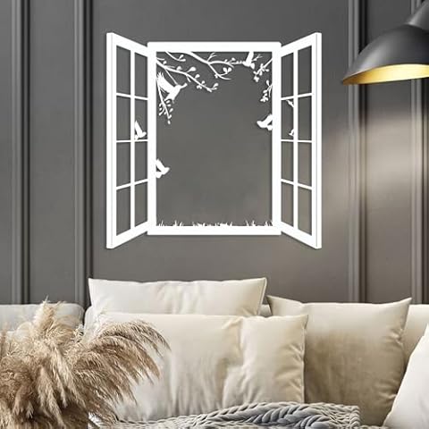 wallARTdecor Metal Bird Window Wall Art Metal Bird Tree Wall Art Decor Window Scene Wall Art Window View Wall Art Nature Bird Wall Decor Metal Wall Decor for Livingroom Office Garden Cover