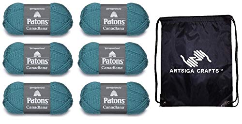 Patons Canadiana Solids Medium Teal 244510-10744 (6-Pack - Same Dye Lot) Worsted Medium #4 Acrylic Yarn for Crocheting and Knitting - Bundle with 1 Artsiga Crafts Project Bag