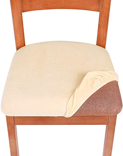 smiry Stretch Chair Seat Covers for Dining Room Velvet Dining Chair Seat Protectors Chair Slipcovers, Set of 2, Cream - Image 3