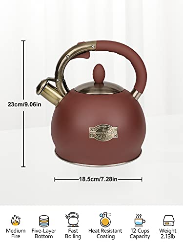 Rettberg Tea Kettle For Stovetop Whistling Tea Kettles Retro Red Stainless Steel Teapots, 2.64 Quart (Frosted Red) #TOP4