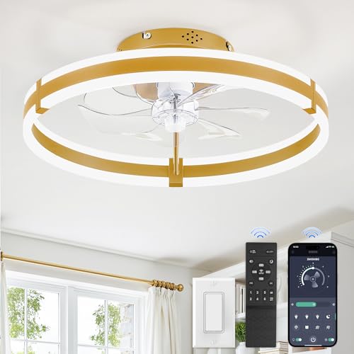 Image of ZMISHIBO Ceiling Fans with Lights and Remote, 19.7'' Low Profile Ceiling Fan, 3000-6000K Dimmable Modern Flush Mount LED Fan Light, 6 Wind Speeds, Gold Fandelier Ceiling Fans for Bedroom
