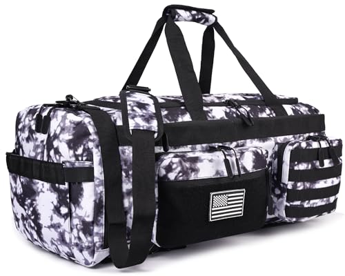 Image of LHI 50L Tactical Duffle Bag for Men, 3-in-1 Gym Duffle and Backpack, Shoe Compartment, Laptop Sleeve and MOLLE, Carry-On Travel Weekender and Overnight Bag - Black and White