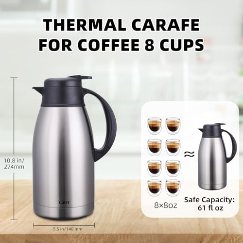 GiNT 1.9 L / 65 Oz Thermal Coffee Carafe, Insulated Stainless Steel Double Walled Vacuum Water and Beverage Dispenser, 12 Hour Heat Retention, Silver by GiNT - Image 2