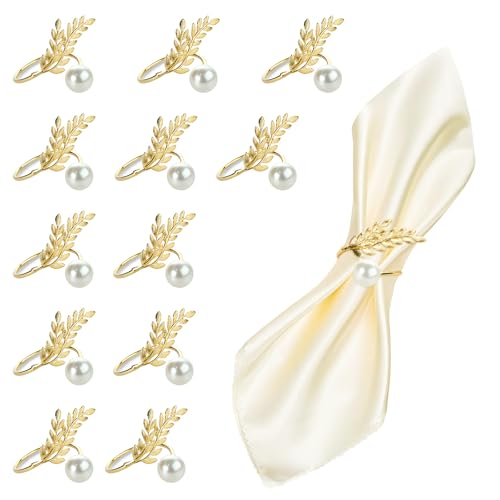 FrutPunch Gold Napkin Rings, Metal Wheat Ear Pearl Shaped Napkin Rings Set of 12, Suitable for Family Dinner, Wedding, Party, Table Decoration