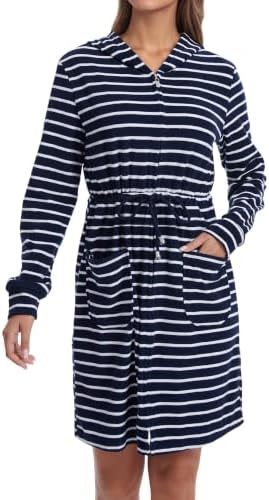 Mnamo Damen Frottee Bademantel Gestreift mit Kapuze Reißverschluss Langarm | Weicher Frottee, Kapuze, Taschen und Bindegürtel. Geschenk. Für Sauna,Schwimmen und Zuhause.Ganzjährig.