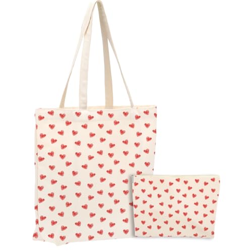 2PCS Heart Pattern Makeup Cosmetic Bag Canvas Tote Bag for Beach Shopping Work Office Thank You Birthday Christmas Gifts for Women Wife Girlfriend Best Friend Wedding Sister Christmas Valentines Day