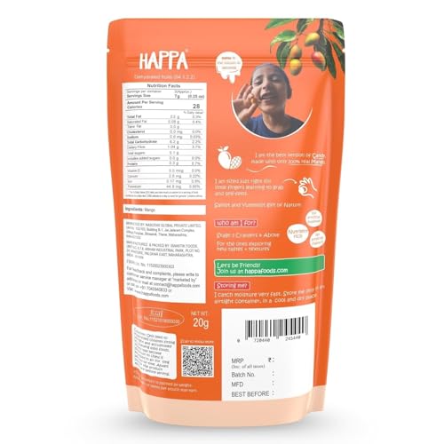 Image of Happa Mango Melts | 100% Fruit Candy for Babies, Kids & Adults | Single-Ingredient | No Added Sugar, No Colours, No Artificial Flavours | Melt-in-the-Mouth Snack | 8 Months+ | 20g (Pack of 3)