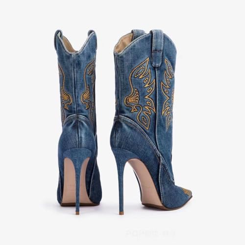 Denim Embroidery Western Boots for Women Pointed Toe Stiletto Heel Comfortable and Stylish Mid Calf Cowboy Riding Boots Party Casual Boots4