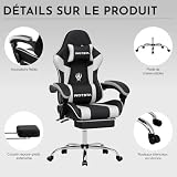 WOTSTA Chaise Gaming, Ergonomique Fauteil Bureau, Hauteur Réglable, Siege Gaming avec Repose-Pieds TÉlescopique, Chaise Bureau avec Support Lombaire, Dossier Inclinable à 135° Noir et Blanc - 9