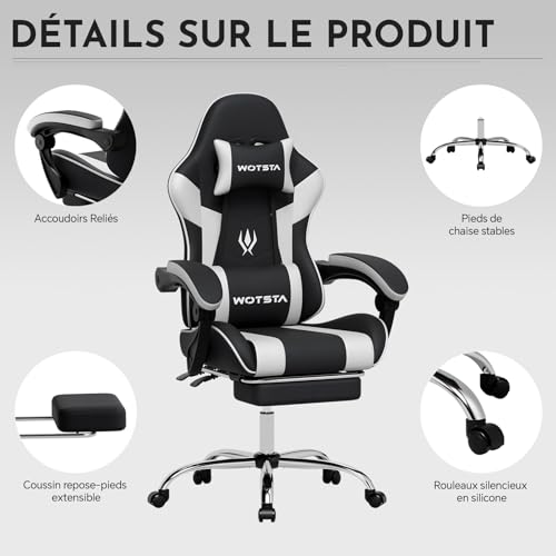 WOTSTA Chaise Gaming, Ergonomique Fauteil Bureau, Hauteur Réglable, Siege Gaming avec Repose-Pieds TÉlescopique, Chaise Bureau avec Support Lombaire, Dossier Inclinable à 135° Noir et Blanc - 9