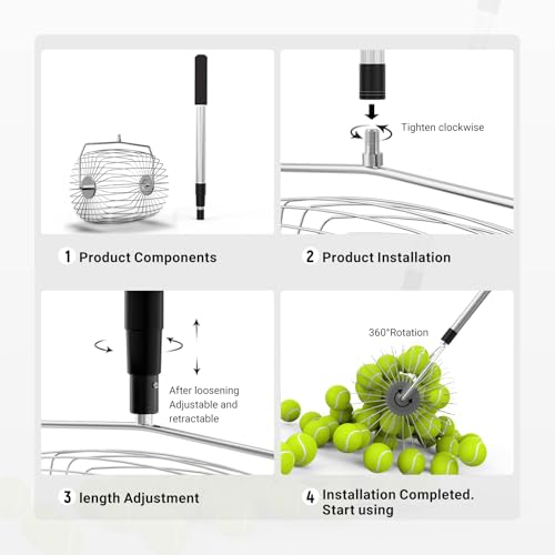 NEEWER Basics Tennis Ball Hopper Picker Upper, No Bending Over Quick Rolling Cylinder Collector Pickleball Holder, 30.3"-56.6"/80-144cm Telescopic Golf Retriever for Up to 35 Tennis Balls, TB05S by NEEWER - Image 6