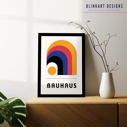Image of BLINKART Vintage Bauhaus Retro Geometric Aesthetic Poster Gallery | Colorful Wrap Framed For Home Office Studio Living Room Modern Art Studio Decoration Abstract Shapes | (d73) | 13x10 Inch