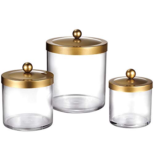 Premium Quality Apothecary Jars - Clear Plastic Storage Jars With Rust Proof Stainless Steel Lids - Bathroom Vanity Countertop Storage Organizer Canister Holder House Decor | Set Of 3 (Gold) #TOP2