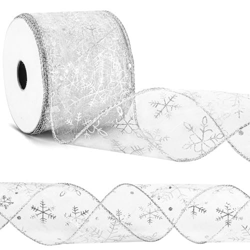 OWill Christmas Tree Ribbon,Glitter Snowflake Christmas Organza Ribbon Wired, Silver Ribbon for Christmas Tree Wrapping Gift DIY Crafting(2.5 Inch X 10 Yard)