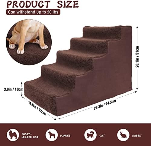 Midyb Dog Steps, 5-Steps Dog Stairs with Washable and Removable Cover for High Bed Sofa, Non-Slip Plastic Pet Ladder for Small Dogs Cats, Send Lint Roller & Pet Glove